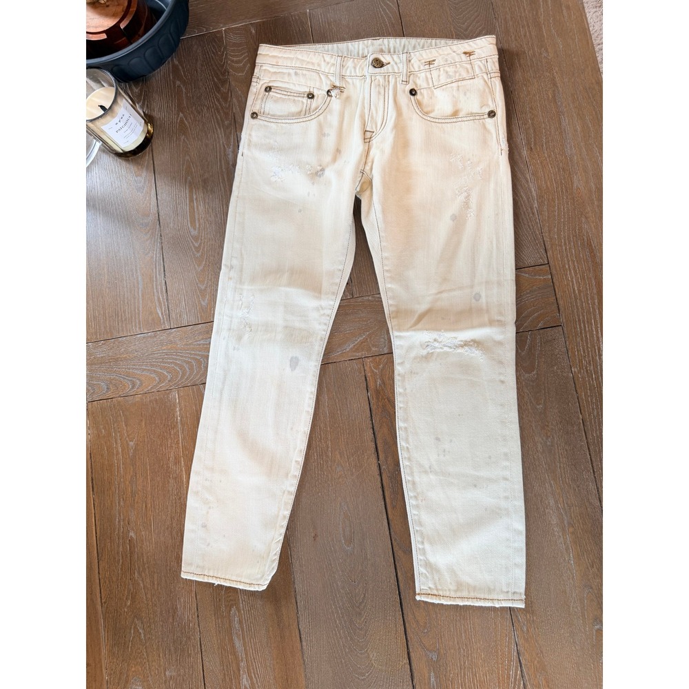 R13 Boy Skinny Jeans Womens 25 Cream‎ Distressed Paint Splatter